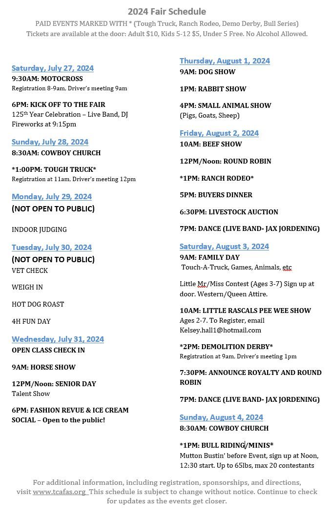 2024 Teller County Fair Schedule Events/Times